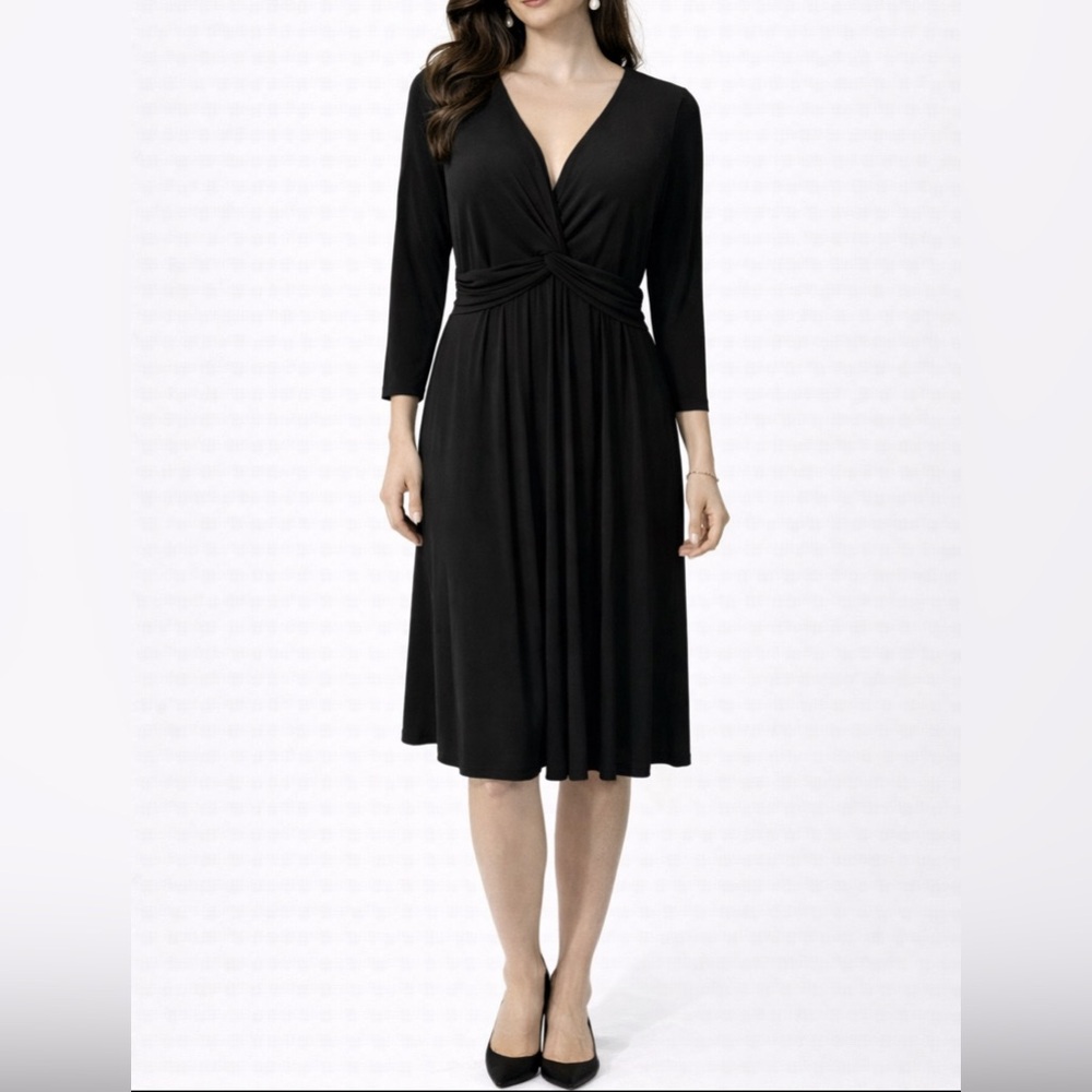 Jones New York A Line Dress 12 Black Stretch 3/4 Long Sleeve V Neck